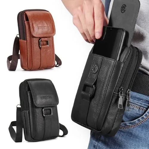 Hwtcjx Bolso Teléfono Movil, Bolso para Movil, Cuero Genuino Bolsa Cintura Hombre, Bolso Bandolera, Funda Movil Cinturon, Riñonera Trabajo, Hombres Bolsa de Hombro Embrague