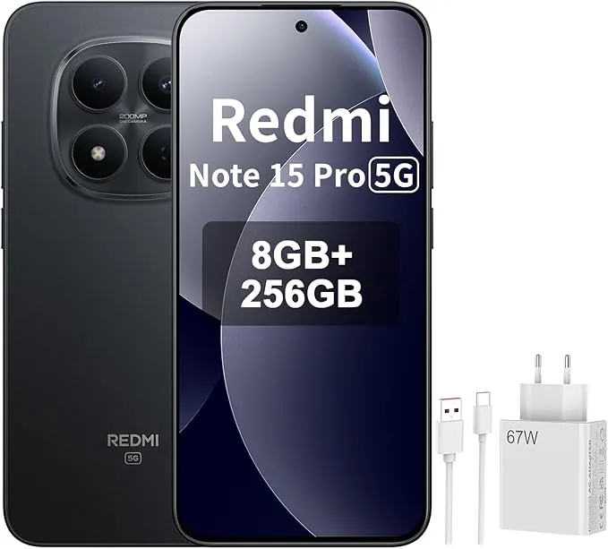 XIAOMI REDMI Note 15 Pro 5G - Smartphone de 8+256GB, Pantalla de 6,83" 1.5K AMOLED, MediaTek Dimensity 7400-Ultra, cámara de 200MP, batería de 6580 mAh, Negro, Included 67W Charger