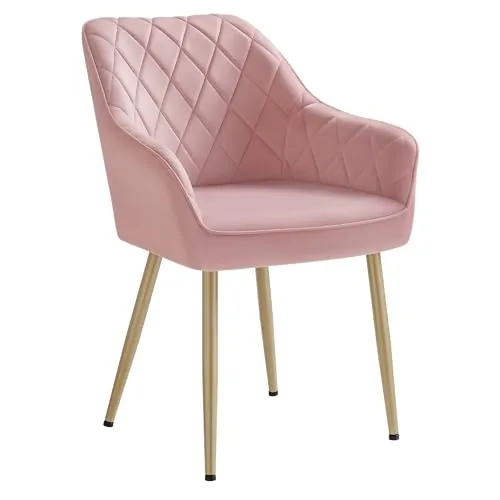 SONGMICS Silla de Comedor, Sillón de Terciopelo, Patas de Metal | Silla de Cocina Tapizada con Reposabrazos, Carga Máx. de 120 kg, Rosa Jalea y Oro pálido, Colección TYRA LDC088R01