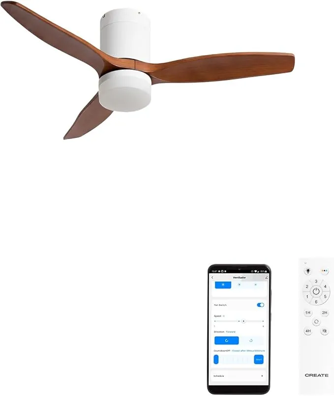 CREATE / WINDCALM S/Ventilador de techo ABS con luz blanco aspas efecto madera oscura con Wifi y mando / 40W, Temporizador, Ø112 cm, 3 temperaturas de luz, función verano-invierno
