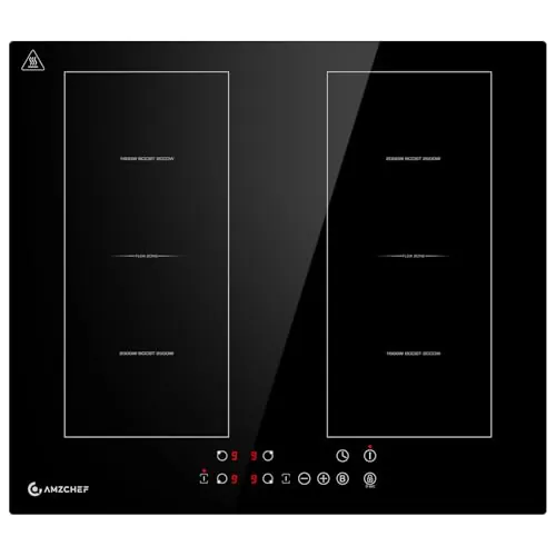 AMZCHEF Placa de inducción 4 zonas de 60cm con dos zonas flexibles, función boost y 9 niveles de potencia, temporizador, bloqueo de seguridad, protección contra sobrecalentamiento, barbacoa, 7200W