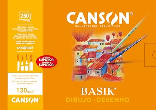 Canson Dibujo Basik, Papel de dibujo blanco, Grano fino, 130gsm, Hoja, A4-21x29,7cm, Blanco natural, 250 Hojas