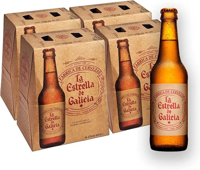 Estrella Galicia- La Estrella de Galicia - Cerveza Lager Premium, Pack de 24 Botellines de 33 cl, Sabor Dulce y Amargo, Muy Equilibrada, 4,7% Volumen de Alcohol, Packaging May Vary
