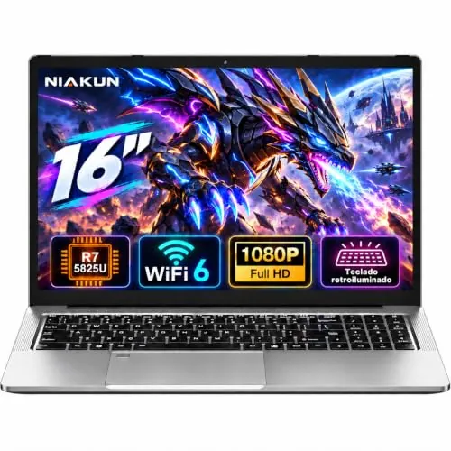 NIAKUN Pc Portátil Gaming 16 Pulgadas R7 5825U Laptop, 32GB RAM SSD 1TB | 8 núcleos y 16 hilos hasta 4,5GHz para multitarea exigente, creación de contenido y gaming ligero
