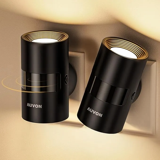 AUVON Lámpara de Noche Enchufable con Sensor de Movimiento y Sensor Crepuscular, Iluminación Superior e Inferior, Luminosidad Ajustable, Innovadora Rotación de 90° para Dormitorio, Pasillo, Cocina