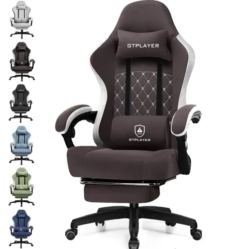 GTPLAYER Chaise de Gaming ergonomique Avec Surface en Tissu, Coussin de siège à ressort, accoudoirs de Connexion et Repose-Pieds, Brun