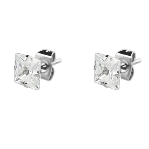2 pendientes con piedra zirconia cubica cuadrada 6mm, brillo impresionante de plata de ley 925. Para adolescentes, hombres y unisex.