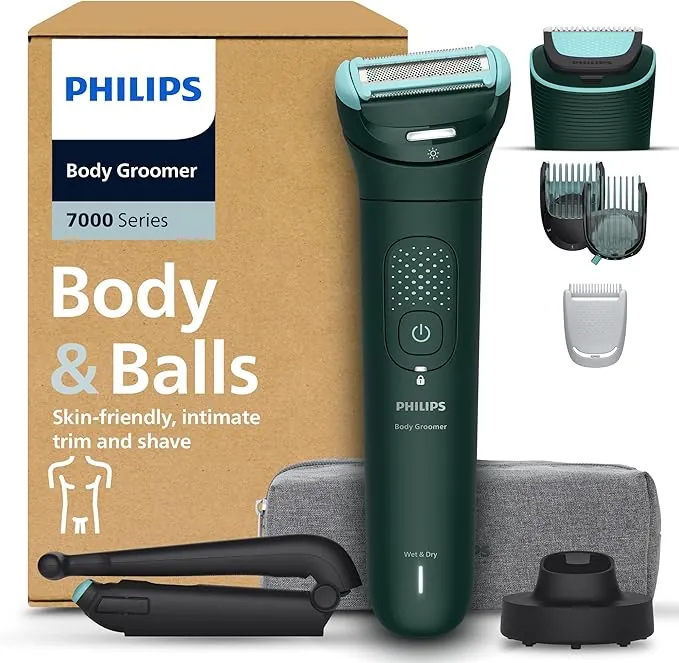 Philips Afeitadora Corporal Serie 7000 - Depiladora Masculina, cabezal 2D Triple Protección, Recorta y Depila Zona Íntima y Espalda, suave y apurado, 100% apta para ducha, 120 min autonomía, BG7485/30