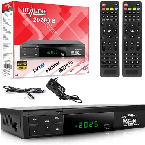 HD-Line HDMI SCART HD DVB S2 Satélites Receptores + Control Remoto Inteligente, Satélite Digital (DVB-S/S2, HDMI, SCART, 2X USB 2.0, Full HD 1080p) Sólo para Canales alemanes