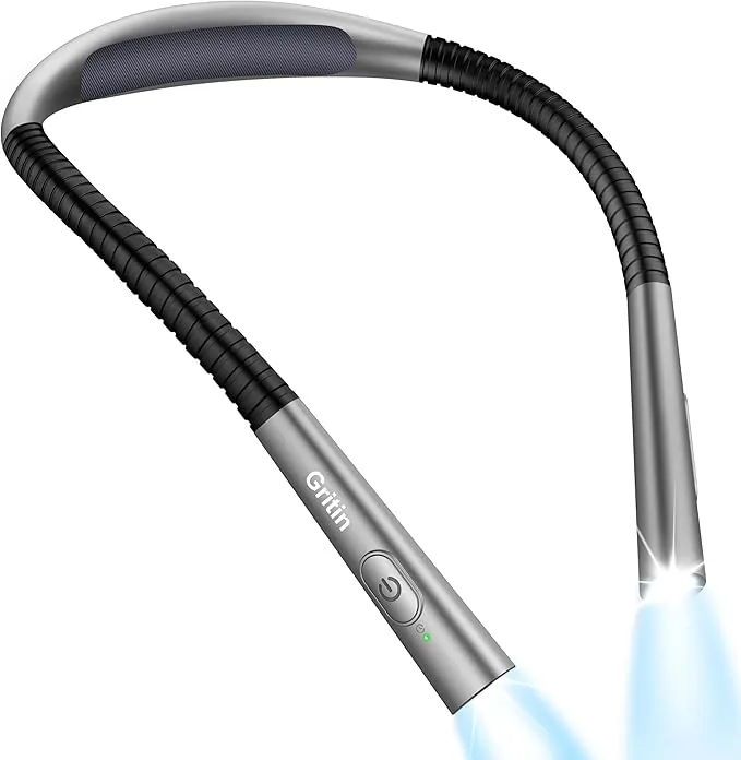 Gritin Luz de Lectura Cuello, Lampara de Lectura Recargable, Temporizador de 30 min, 5 Brillo y 4 Temperaturas Color con Función de Memoria & Atenuación Continua, Cómodo y Liviano para Leer en la Cama