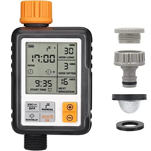 Johgee Temporizador de Riego Automatico Jardín, El Acoplamiento de Grifo de Agua ½ y ¾ Son Aplicables, Programa de Memoria Permanente, Programador de Riego Automático con Pantalla 3 ” LCD