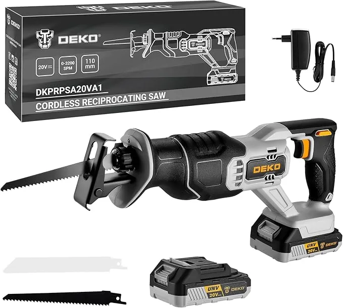 20V Sierra Sable Inalámbrica, DEKOPRO Sierra Sable Batería con 2,0Ah Batería y 2 Hojas de Sierra, 0-3200 SPM, Luces LED, Cambio de Hoja sin Herramientas, Para Cortar Madera y metal