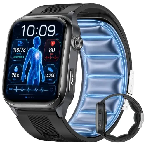 FOSMET Reloj Inteligente Presión Arterial ECG, 2,06" Pantalla AMOLED, Negro | 24H Frecuencia Cardíaca SpO2 Sueño, Correa Bomba de Aire, SOS y Llamadas Bluetooth, Asistencia Sanitaria Familiar Android iOS