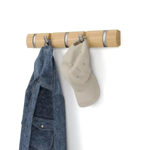 Umbra Flip Gancho Perchero de Pared Retráctil, 5 Ganchos, Natural/Níquel