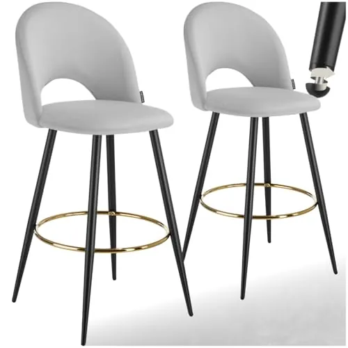 tectake® Taburete Alto Cocina con Respaldo, Acolchado, Terciopelo Suave, Taburete Bar con Patas de Acero, Reposapiés y Pies Antideslizantes, Silla Cocina o Bar, Banqueta - 2 sillas, Gris Claro/Negro