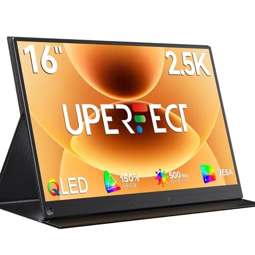 UPERFECT Monitor Portatil QLED 2.5K 16 Pulgadas Pantalla Portatil 150% sRGB 2000:1 500Nits IPS con Estuche Protector HDMI/Type-C/USB-C, Altavoz Incorporado, para Ordenador Portátil/PC/Xbo/Teléfono