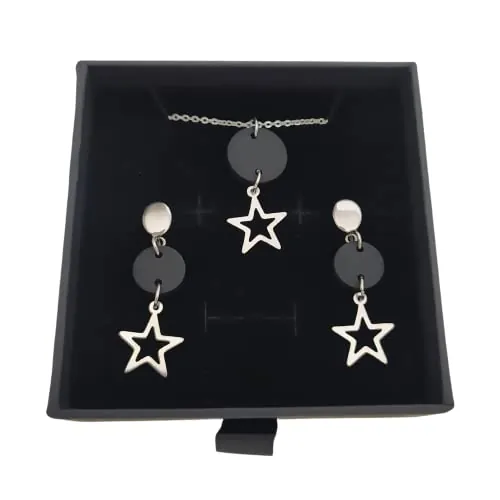 Sandra Complements, Pendientes estrella y Collar Estrella, Conjunto Estrella de collar y pendientes para mujer de acero inoxidable en color plata, Regalo original para Mujer