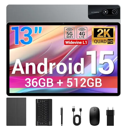 BEYNIVAN Tablet 13 Pulgadas Android 15 Tableta con Ranura sim,4G LTE y 5G WiFi,36GB RAM+512GB ROM/2960 * 1840 FHD/11580mAh y 20W/Face ID/GPS/BT 5.0/TÜV/USB-C,Tablet con Teclado