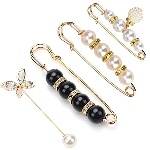 Broche de Perlas Vintage 4 Piezas - Clip Doble de Imitación para Damas y Niñas - Imperdibles para Abrigos de Chal y Accesorios de Vestir