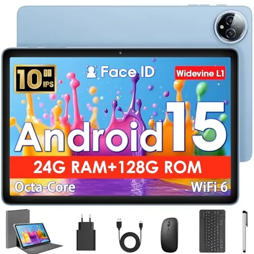 Tablet 10 Pulgadas, Tableta Android 15 con Funda, Ratón & Teclado, Octa-Core, 24 GB RAM + 128 GB ROM + 1 TB TF, Pantalla IPS HD 1280x800, Cámara Dual, 6000 mAh, WiFi 6, BT 5.0, Widevine L1, GPS (Azul)