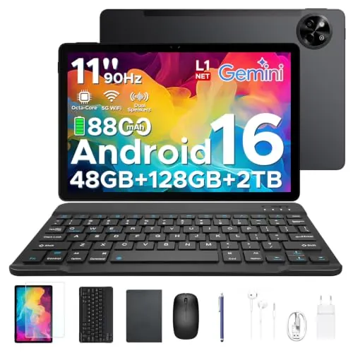 P11 Android 16 Tablet 11 Pulgadas, 48GB RAM + 128GB ROM/2TB TF, T7250 Octa-Core, 90Hz, 8800mAh, 13MP+5MP, Gemini AI, Widevine L1, Face ID, GPS, OTG, Doble altavoz, Tablet con Teclado y Lápiz, Negro