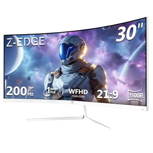 Z-Edge Monitor Gaming Curvo Blanco 30'' 200Hz, 1ms, 2560x1080, FreeSync, Pantalla PC White Ultra Ancho 21:9, Inclinación Ajustable, 1500R VA, 2×HDMI2.0 &2×DP1.4, RGB, VESA 75*75mm(DP Cable Incluido)