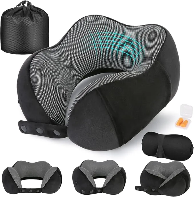 Cirorld Almohada de Viaje Cuello, Cojin de Viaje Cuello para Avión y Coche, Cojin Cervical Viaje Viscoelástica de Espuma Memoria, Ajustable y Compacta, con Máscara de Ojos, Tapones y Bolsa