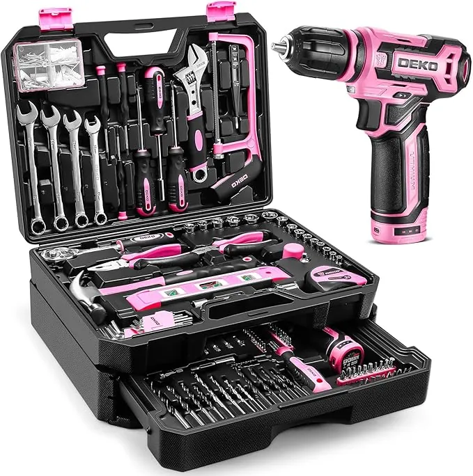 DEKO Caja Herramientas Completa Eléctricas 238 Piezas Rosa con 12V Taladro Eléctrico sin Cuerda, 10 mm Chuck sin Llave, Caja profesional de herramientas Domésticas de Bricolaje para Oficinas y Jardín