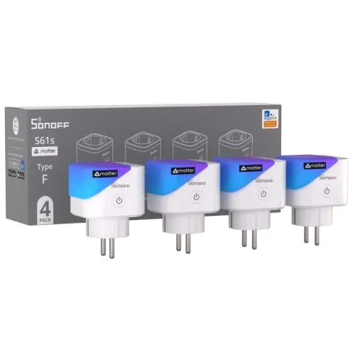 SONOFF S61s Tomada Inteligente WiFi 16A/3840W – Control Remoto & Voz, Medidor de Consumo Eléctrico, Temporizador, Compatible Matter con Alexa, Google y Apple Home (Paquete de 4)