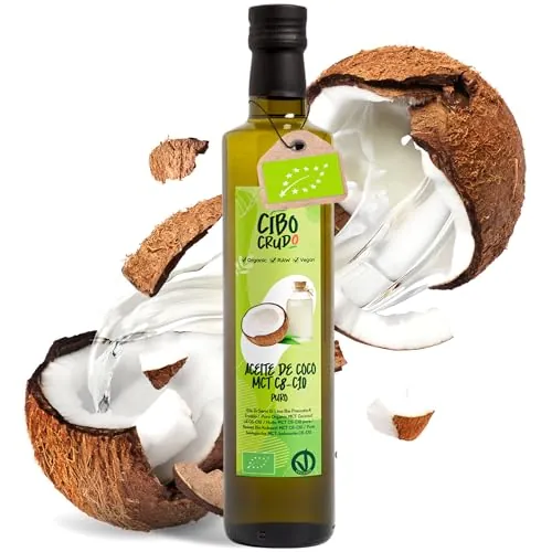 Aceite MCT C8 C10 de Coco Organico y Prensado en Frío - 500ml. Aceite de Coco MCT 60% C8 40% C10 Comestible o Para la Piel y Recetas Virgen Natural y Puro.