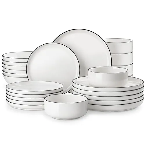 MALACASA LUNA - Set de vajilla, 24 piezas, porcelana, borde negro, blanco moderno, 6 platos cena, 6 postre, 6 cuencos para sopa y 6 para cereales, resiste astilladuras, para microondas y lavavajillas