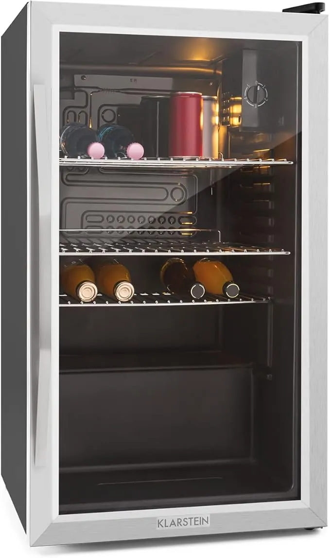 KLARSTEIN Mini Nevera Pequeña con Puerta de Cristal para Habitaciones, 80 L, Frigorifico Portatil Electrico con Estantes para Bebidas