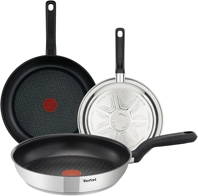 Tefal Comfort Max - Juego de 3 Sartenes de 20/24/28 cm, Apto inducción, antiadherente, revestimiento titanio, Thermo-signal, apto lavavajillas y horno, acero inoxidable