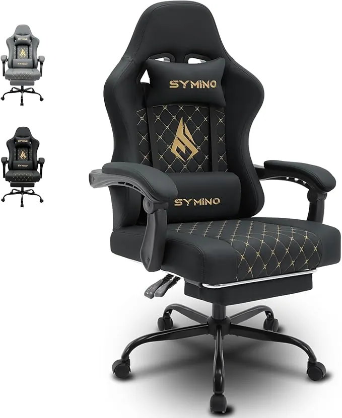 Symino Silla Gaming Ergonómica con Asiento de Espuma Alta Densidad – 150 kg, Reclinable con Soporte Lumbar, Reposabrazos Ergonómicos, Giratoria 360° para Oficina y Escritorio