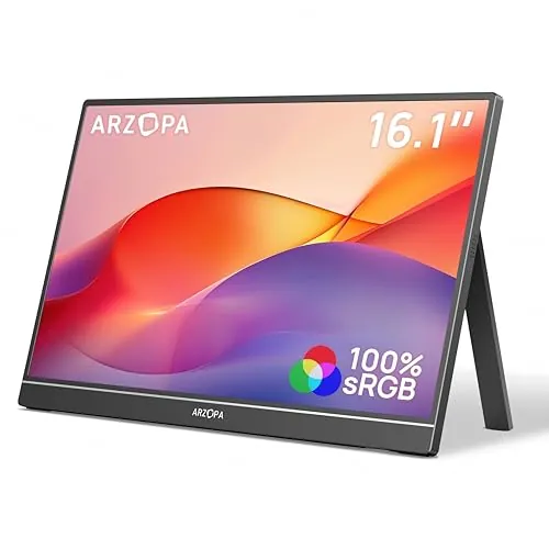 ARZOPA 16.1" Monitor Portatil, de FHD IPS 100sRGB% Pantalla Portátil Monitor con Una Sola Varilla, Soporte HDMI/Type-C/USB-C, de Protección Ocular, para Computadora Portátil/PC/Mac/PS4/5/Xbox - Z1C