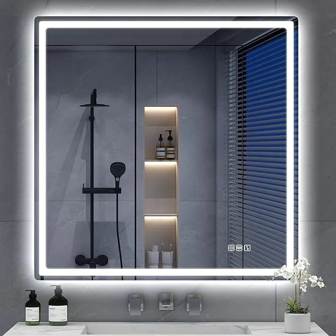 S'bagno Espejo-Baño-con-Luz 80x80cm, Espejo-Baño-LED-Bluetooth con Función Antivaho, 3000K/4000K/6500K, Regulable, Memoria, Cristal Templado HD, IP44-Espejos-de-Baño-con-LED, Horizontal/Vertical