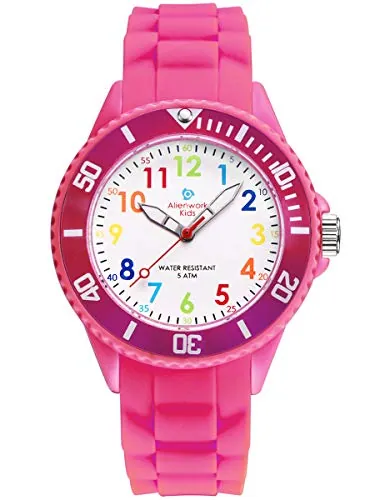 Alienwork Kids Reloj de Aprendizaje Infantil Niña Rosa Pulsera de Silicona Abigarrado niños Impermeable 5 ATM Tiempo de Aprender