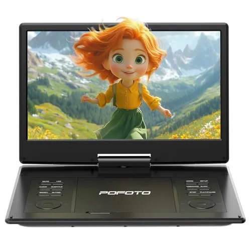 POFOTO Reproductor DVD Portátil 15,7'' con Pantalla HD Giratoria 14,1", 6H Autonomía, Soporta Multiformato/SD/USB, Memoria de Reproducción, Salida TV/Proyector, Altavoces Duales