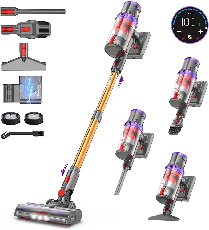 coovy SU7 Aspiradora sin Cable, 55kPa/580W/75 Min Potente Aspiradora Escoba Vertical con Pantalla Táctil LED, Antienredo y Modo Automático para Suelo/Alfombras/Azulejos/Pelo