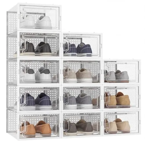 AURENZA Cajas de Zapatos Transparentes, Organizador de Zapatos Apilable de ABS con Apertura Frontal, Zapatero Modular con Ventilación, Fácil Montaje, Pack de 12