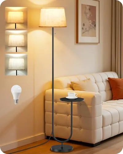 GOEBLESON Lámpara de Pie con Mesa Auxiliar, Negro y Beige | 3 Temperaturas de Color, Función de Memoria, Pantalla de Lino, Interruptor de Cadena, Salón, Dormitorio,Oficina