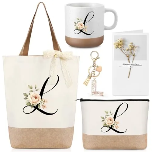Hestya Regalos con Letras para Mujer Bolso Tote con Inicial Bolsa de Maquillaje Taza de Café Llavero Cinta de Encaje Tarjeta Regalos de Cumpleaños para Ella Esposa Mamá Amiga Damas de Honor(L)