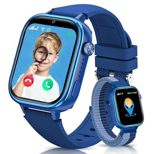 Nuevo 4G Reloj Inteligente Niño con Videollamada & GPS, Smartwatch Niños con SOS, Chat de Voz, Modo Escuela, Podómetro, Despertador, Monitor de Sueño IP68 Impermeable Regalo para Niños Niñas, Azul