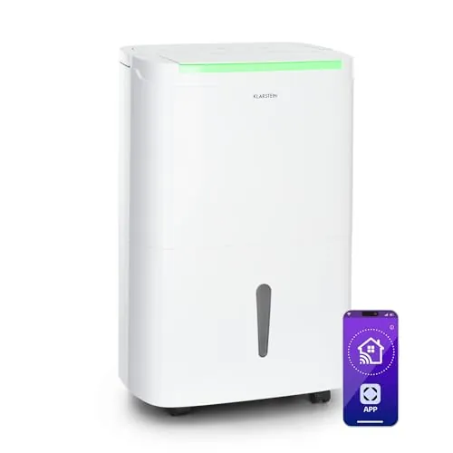 Klarstein DryFy Connect 50L Deshumidificador Inteligente, 50L/24h, Wi-Fi App Control, Depósito 7L, Temporizador 24h, Desagüe Continuo, Portátil para Hogar, Cocina, Baño, Habitaciones 45-55m², Blanco