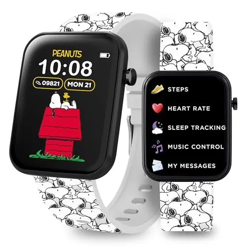 Accutime Peanuts Snoopy - Reloj inteligente interactivo con correa impresa blanca para niños