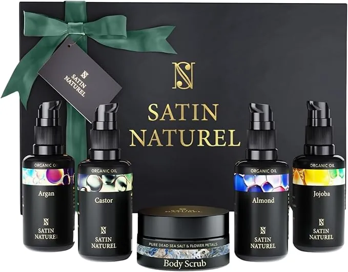 Satin Naturel Set de Regalo de Lujo para Mujer 5x30 ml – Aceites de Argán, Ricino, Almendra, Jojoba y Exfoliante Corporal con Sal del Mar Muerto – Cosmética Natural – Edición Premium