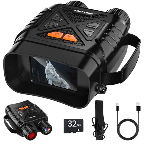 GlobalCrown Prismaticos Vision Nocturna,Visor Nocturno binoculares visión Nocturna con Zoom de 10x y Tarjeta 32GB para Fotos y Videos,Ideal para observación de Vida Silvestre,Caza y Pesca