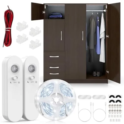 Hoobabuy Tira LED con Sensor Movimiento y Sensor Luz, Batería Recargable, Iluminación LED debajo gabinete para Armario, Escaleras, Habitación Bebé, Cocina, 5M, Blanco Frío 6500K