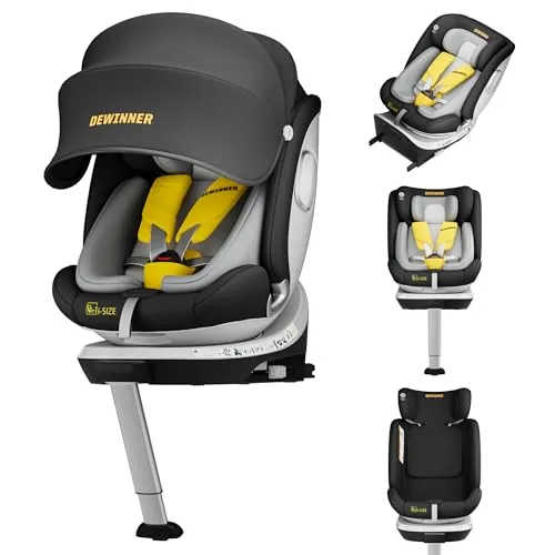 DEWINNER Sillas de Coche ISOFIX,I-Size 40-150 cm (0-36 kg),Silla Coche Bebé Grupo 0+/1/2/3, 5 Puntos Sillas de Coche Giratoria 360, RWF, FWF, Ajustable,Techo Anti-UV y Pata de Apoyo, ECER129 - Negro