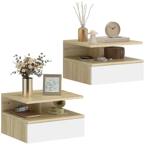 HOMCOM Juego de 2 Mesitas de Noche Flotantes 35x32x22,5 cm Roble y Blanco